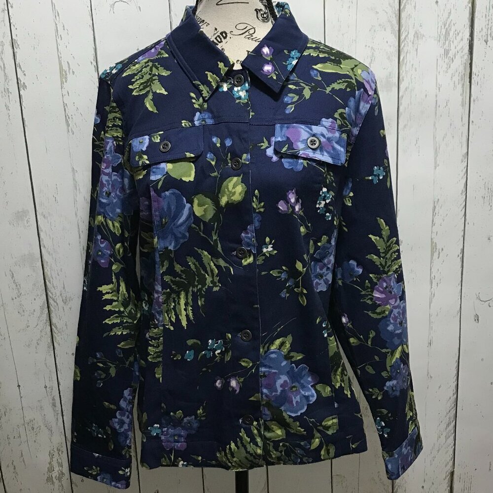 The Tog Shop Petites Navy flowered jacket Button Front and cuffs size PM